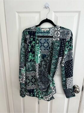 LOFT Green Black White Patchwork‎ Print Blouse